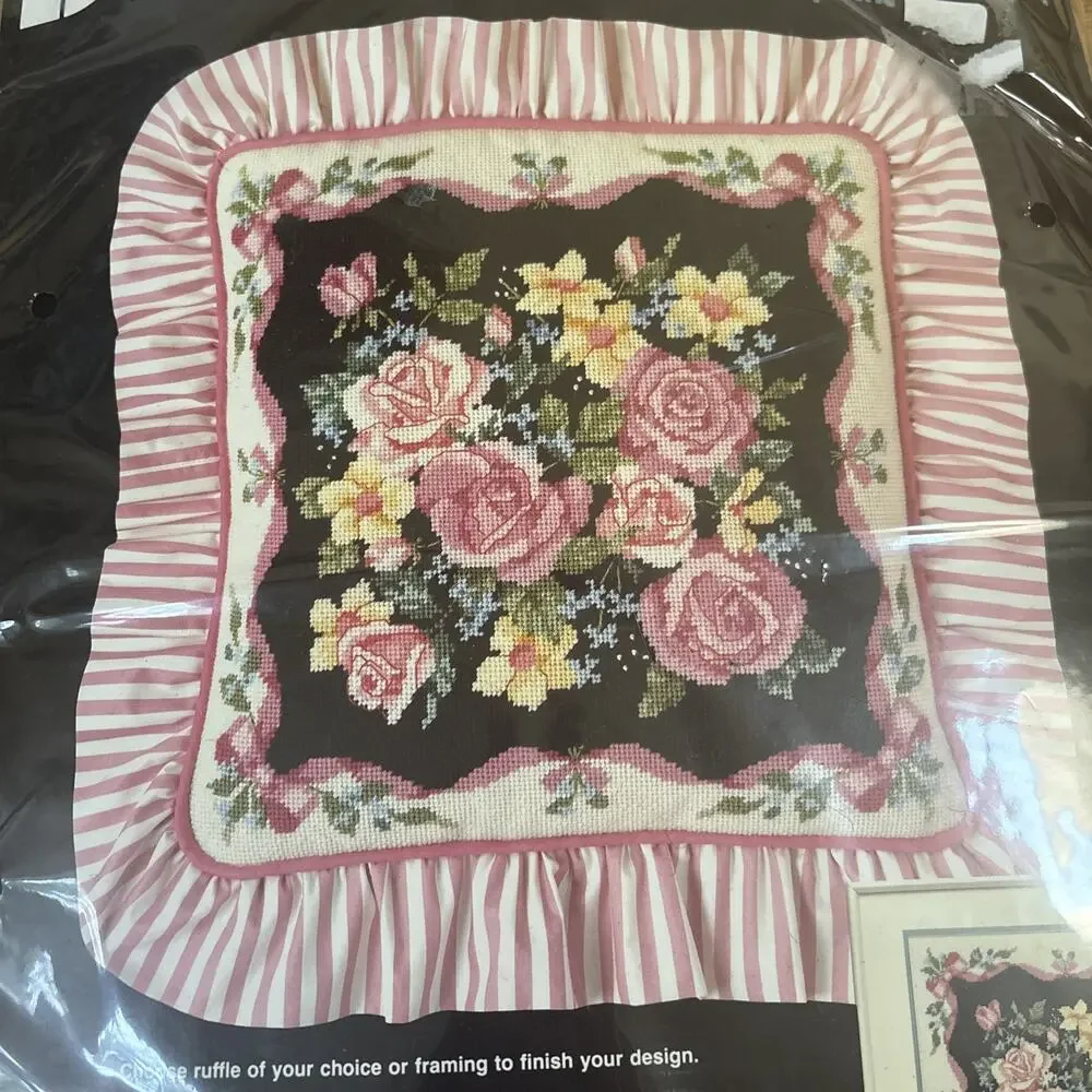 Vintage Grandmillenial Wool Needlepoint Kit Ribbon Bow And Roses Pink 13 Mesh